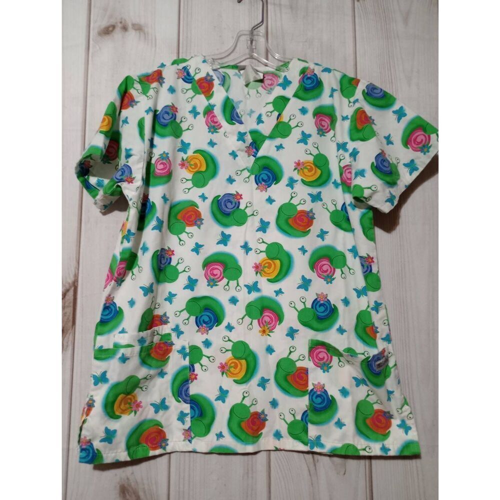 Uniform Advantage Scrub Top Ladies Medium White Green Snail Butterfly